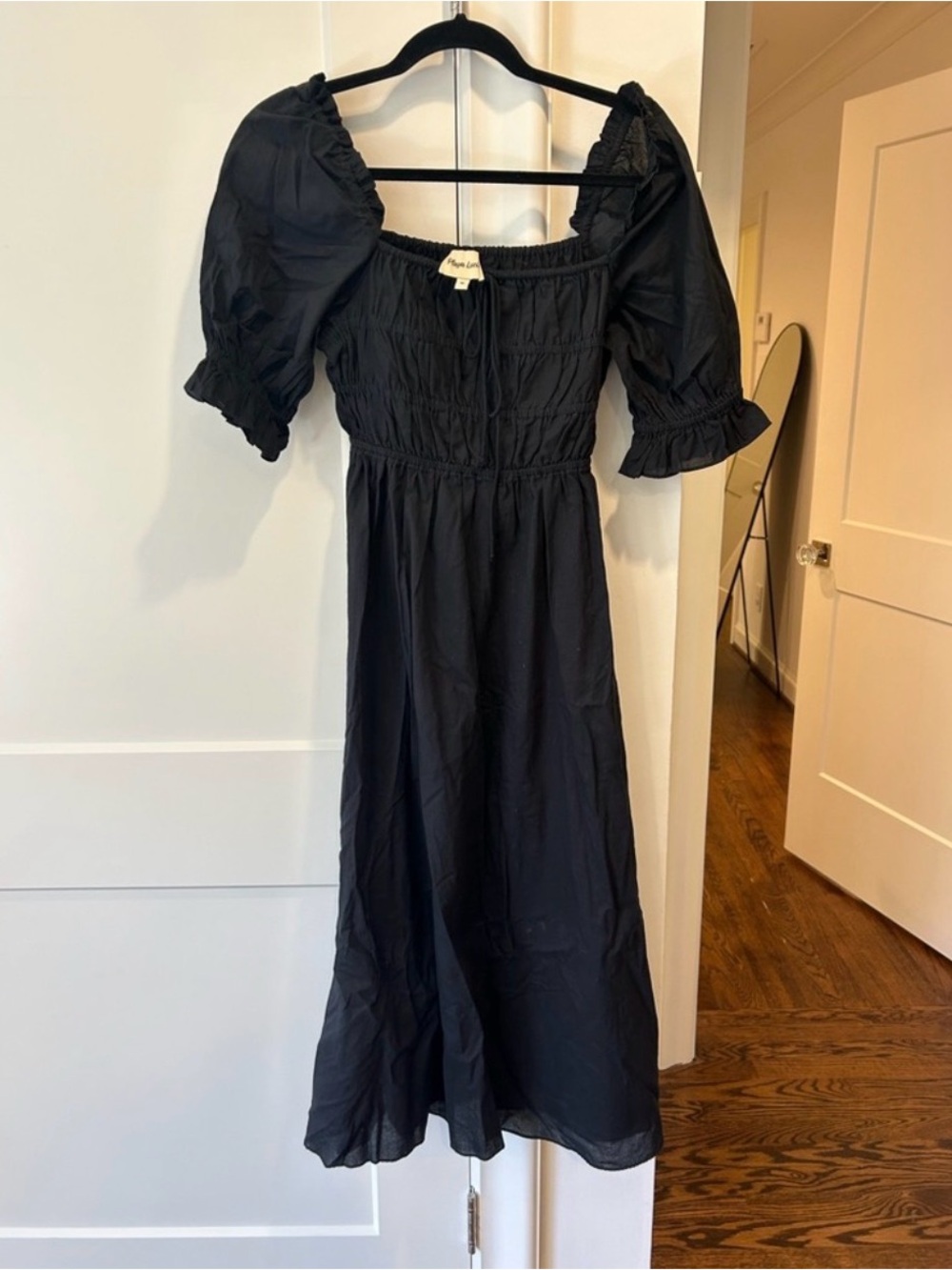 Smocked Puff-Sleeve Midi Dress in Black